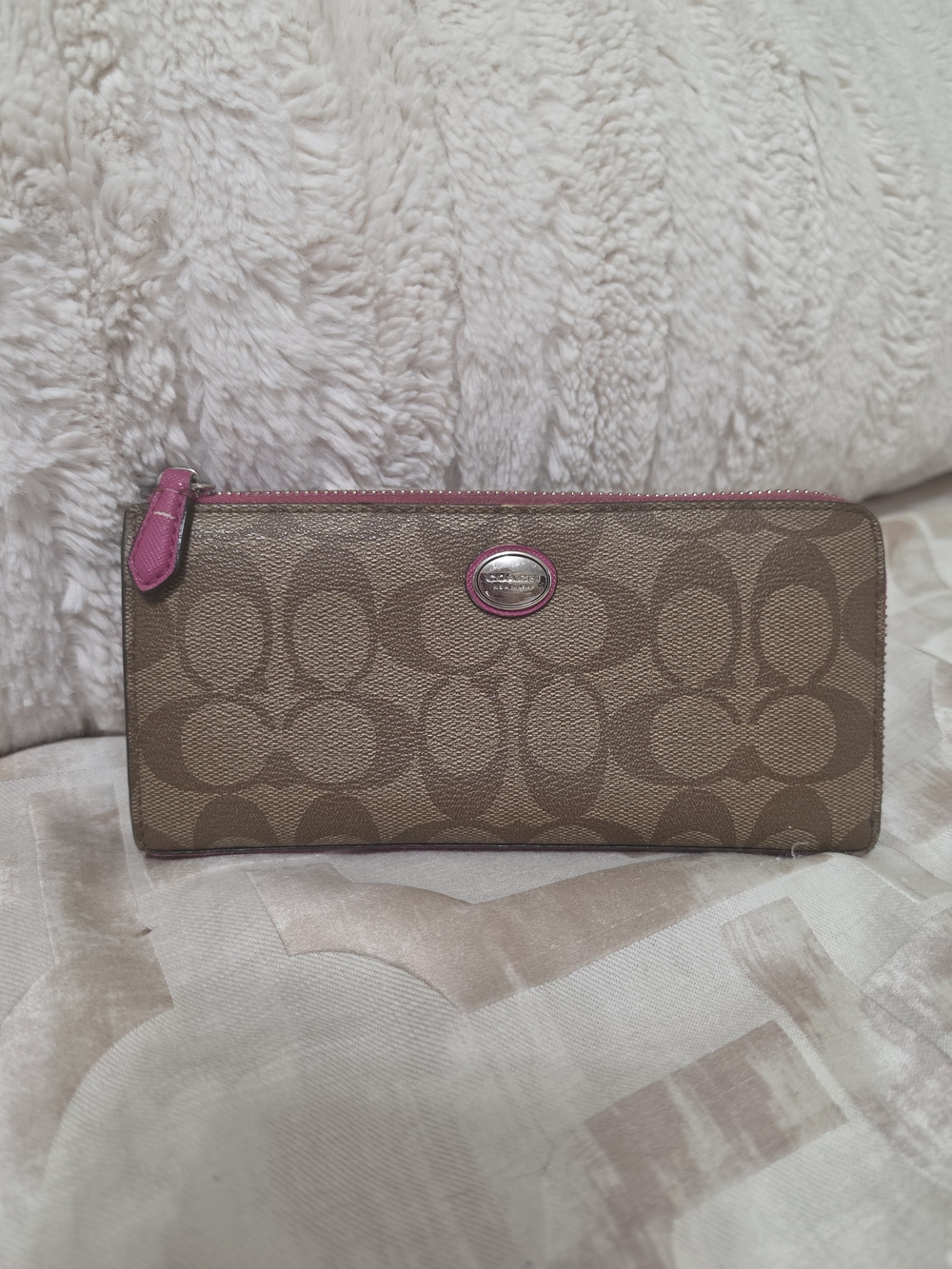 Coach Signature Zip Wallet in Brown with Pink Trim